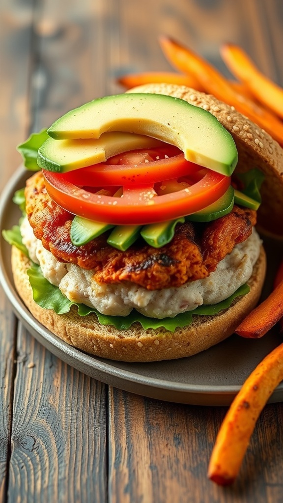 A healthy turkey burger on a whole grain bun with lettuce, tomato, and avocado, served with sweet potato fries.